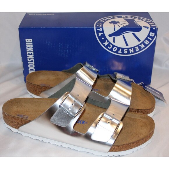 Birkenstock Women's Arizona Buckle Narrow Fit Birko Flor Sandals SILVER - Picture 1 of 7